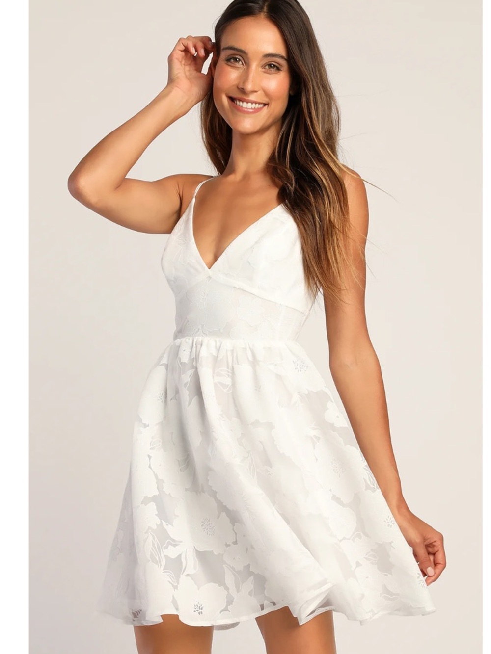 Lulus Floral Feelings White Burnout Floral Jacquard Babydoll Mini Dress Small